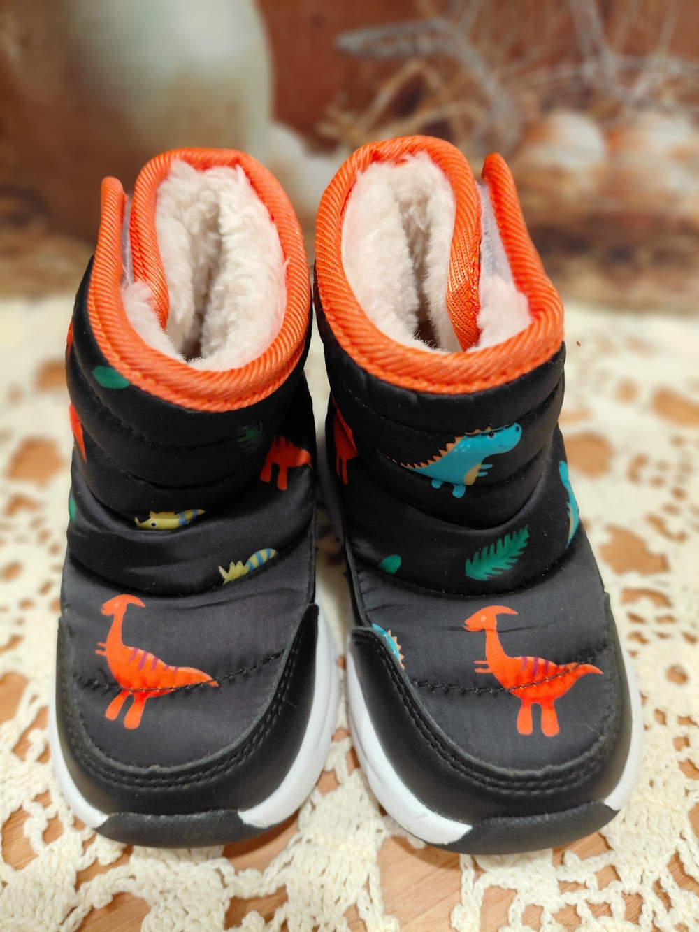 Kids Cozy Black Winter Boots with Orange Trim and Dino Print